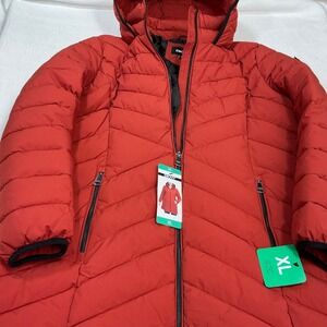 DKNY Sport Womens Red Chevron Quilted Hooded Puffer Coat Jacket XL New
